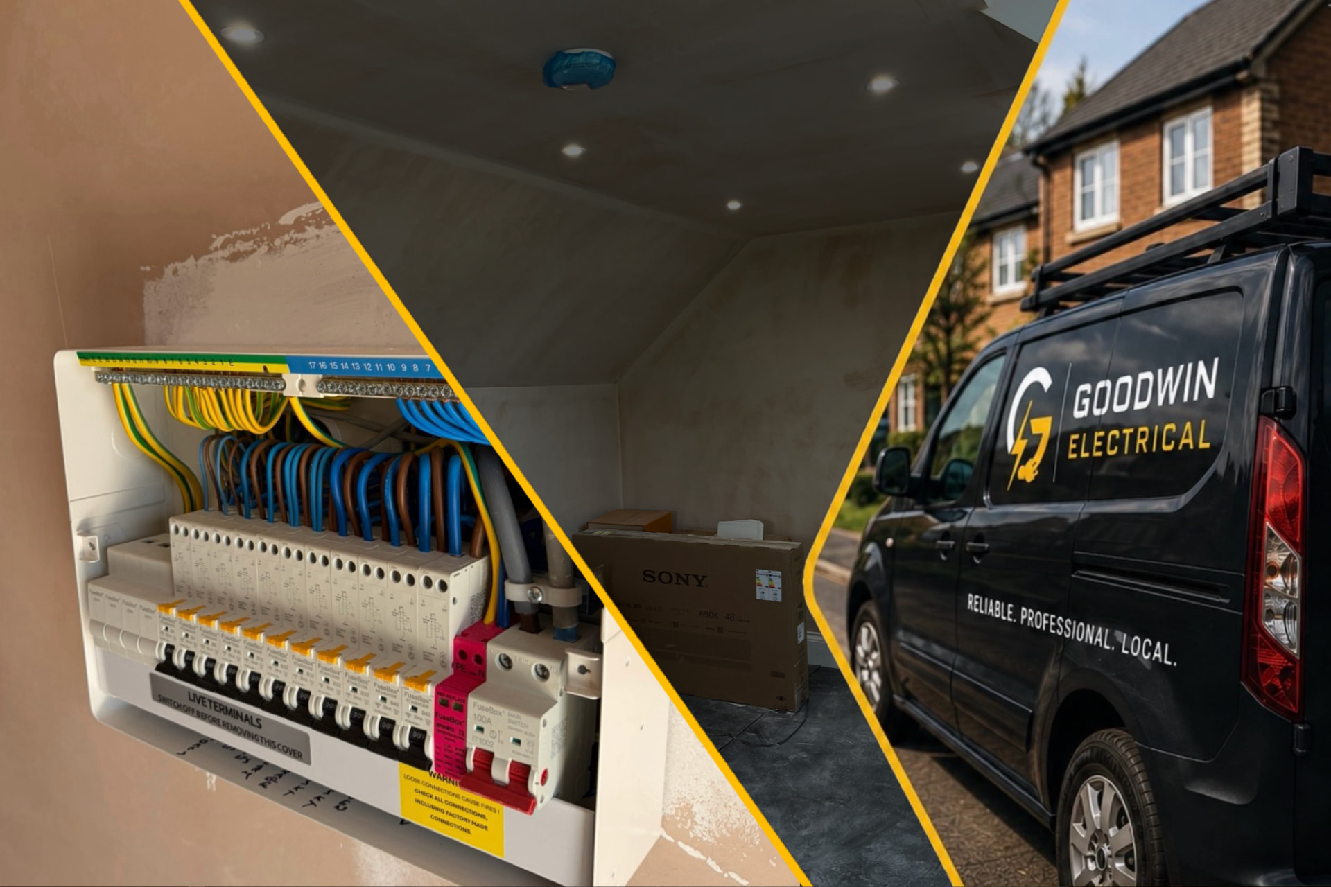 Goodwin Electrical branded van and a tidy consumer unit installation
